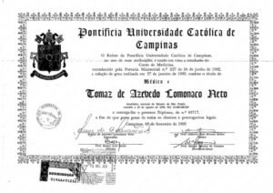 Diploma PUC Campinas dr tomaz lomonaco